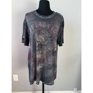 Affliction Graphic T-Shirt‎ Skull Indian Chief Short Sleeve Gray Size XL